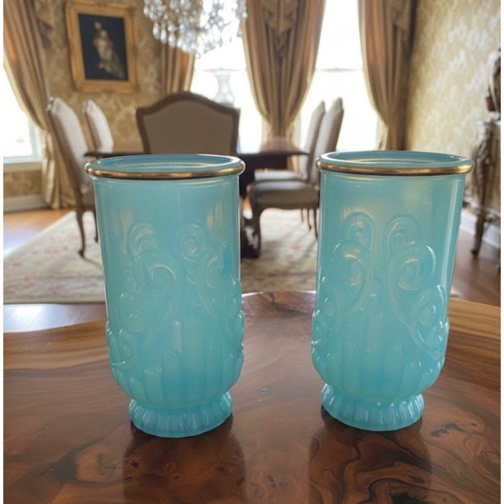 2 Vintage Avon Bristol Blue Milk Glass Embossed Art Deco Scroll Vanity Vases 5”